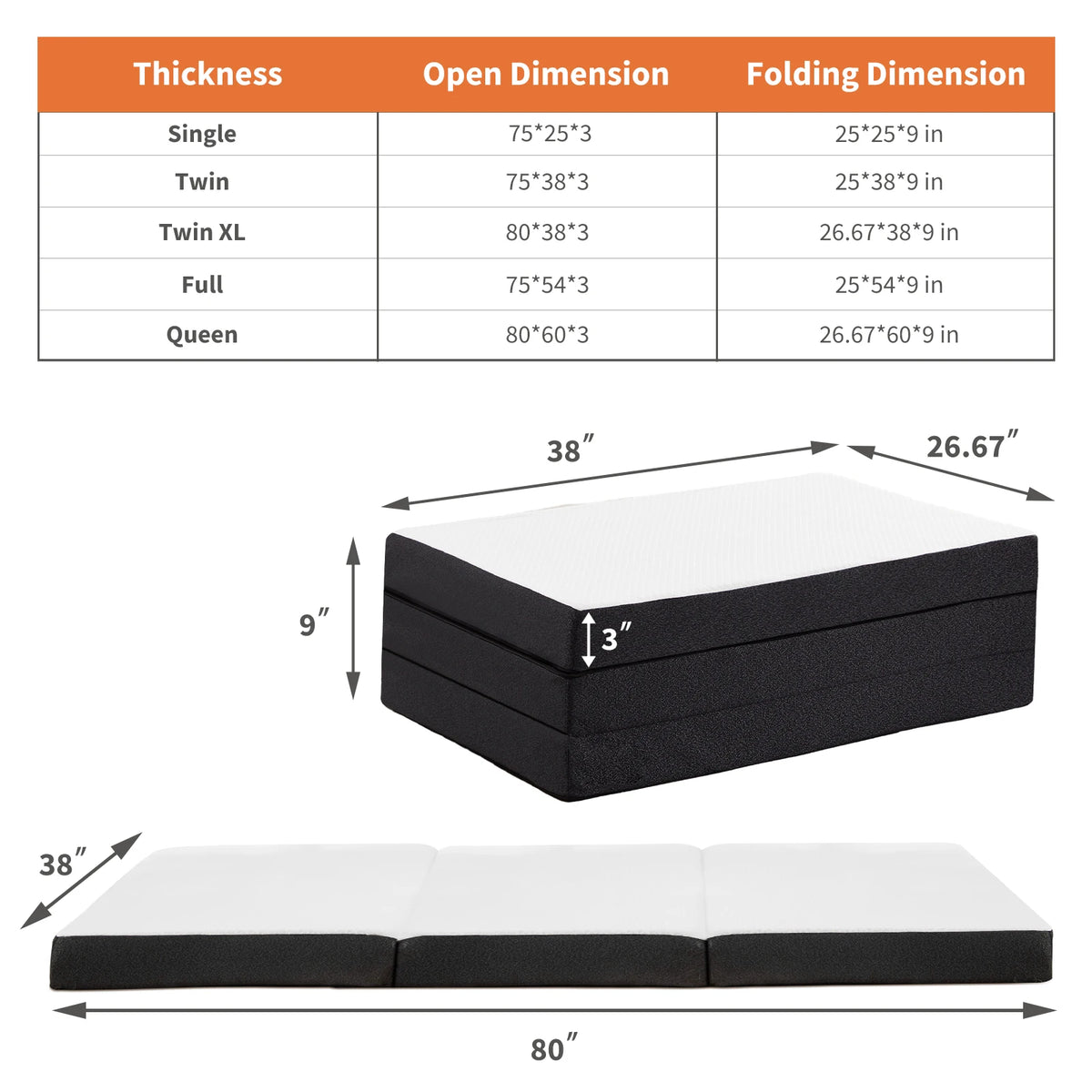 JHK Three Fold Portable Floor Bed With Memory Foam