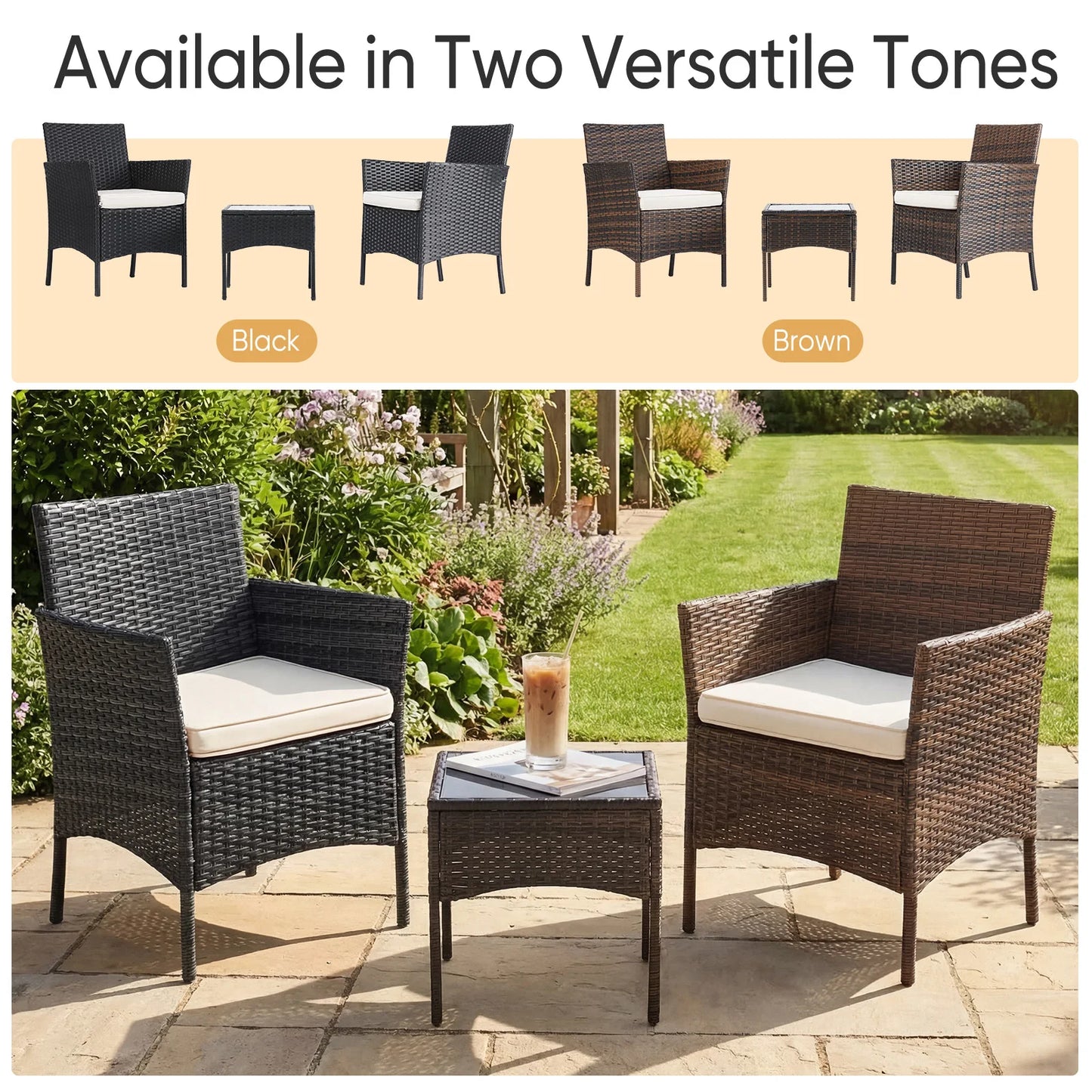 JHK Outdoor 3-Piece Wicker Rattan Patio Furniture Set