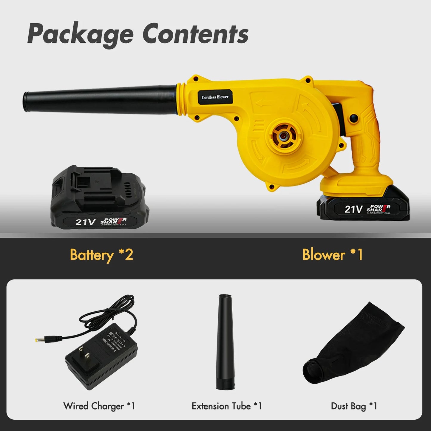 Cordless 21V 2in1 Leaf Blower With 2.0Ah Battery And Charger