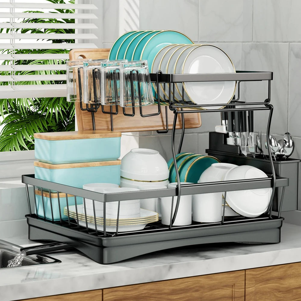 Two Tier Dish Drying Rack For Kitchen Countertop