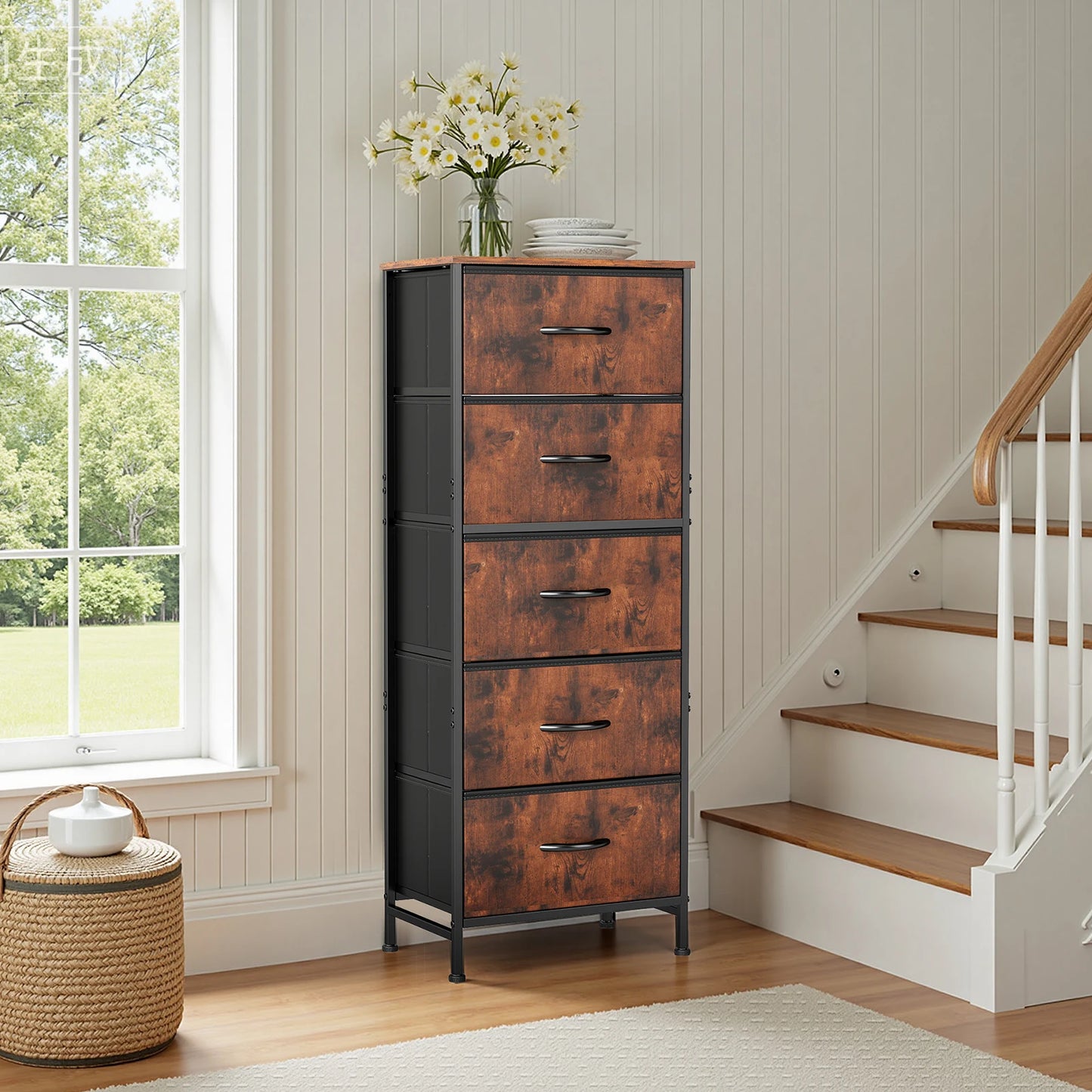 JHK Five Drawer Dresser With Fabric Drawers And Steel Frame