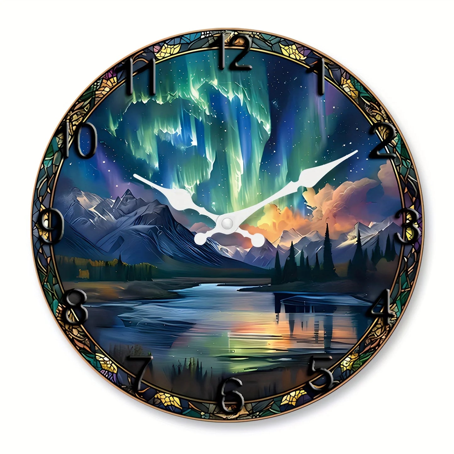 XMSJ Wooden Snow Mountain Aurora Wall Clock Silent Analog