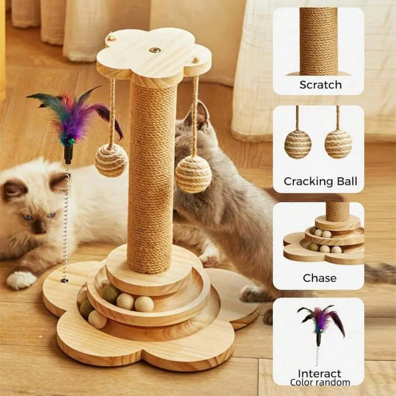 Wood Cat Scratching Post And Interactive Activity Center