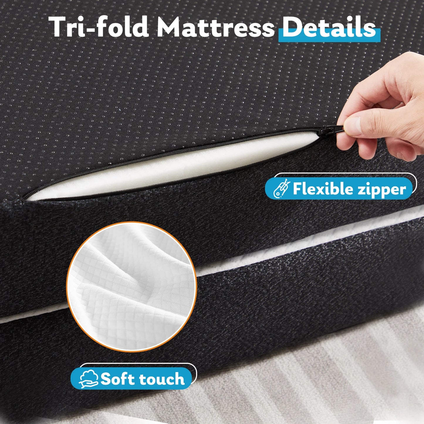 JHK Three Fold Portable Floor Bed With Memory Foam