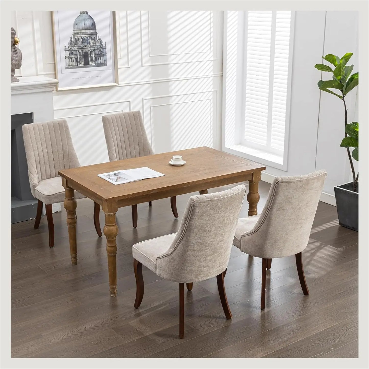 Linen Tufted Dining Chair Set With Wood Legs