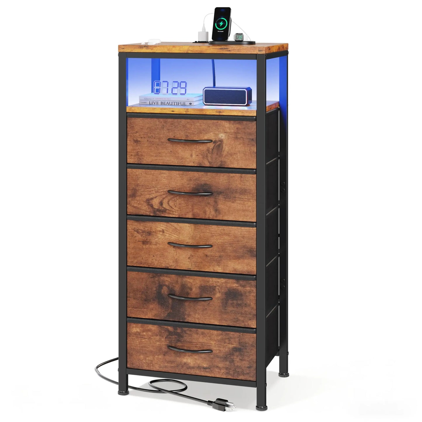 JHK 5 Drawer Fabric Dresser Nightstand With Outlets