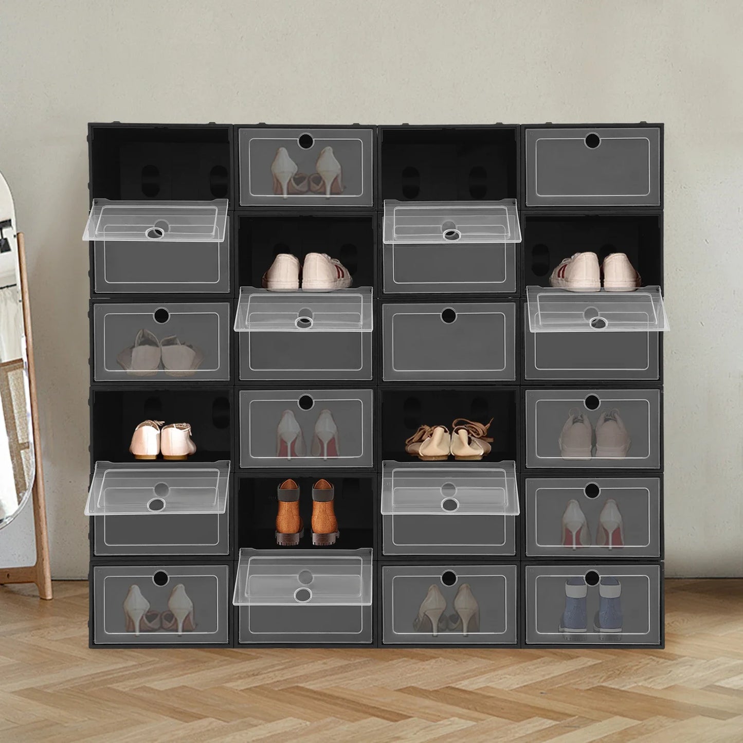 24 Pack Flip Top Shoe Boxes Stackable Closet Organization