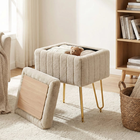 JHK Faux Fur Vanity Stool With Storage Ottoman