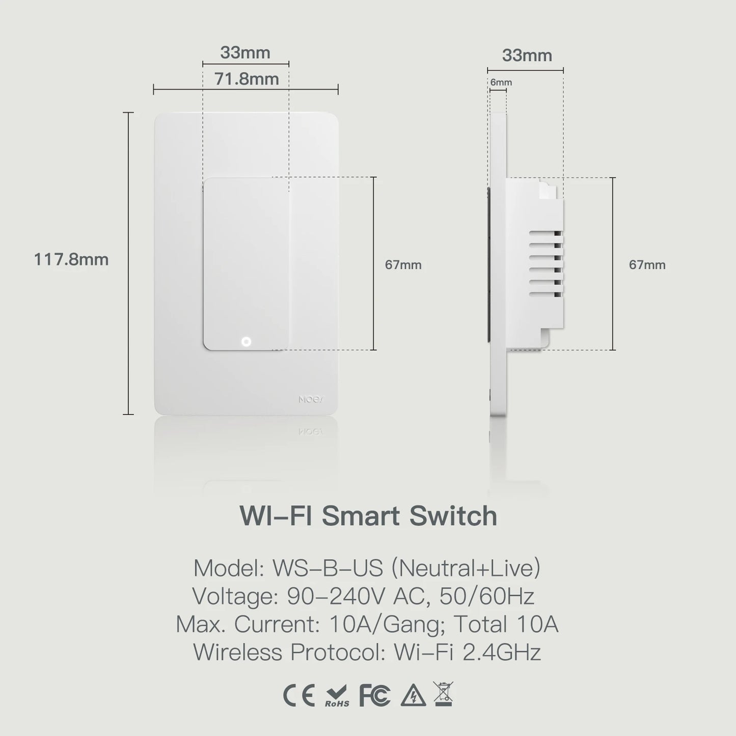 MOES Tuya WiFi Smart Light Switch US Pole Push Button