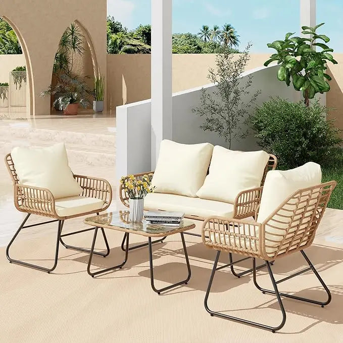 4-Piece Wicker Outdoor Patio Furniture Set with Cushions & Tempered Glass Table, All-Weather Rattan Bistro Set with Loveseat