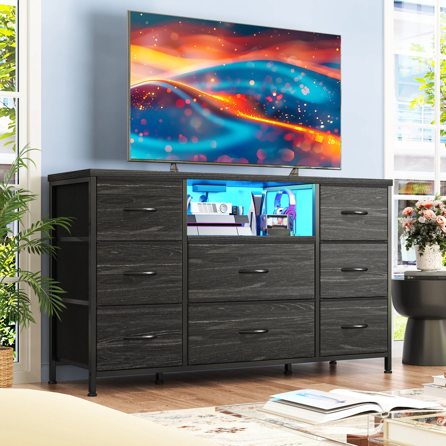 LED Lighting 8-Drawer Media Dresser With Charging