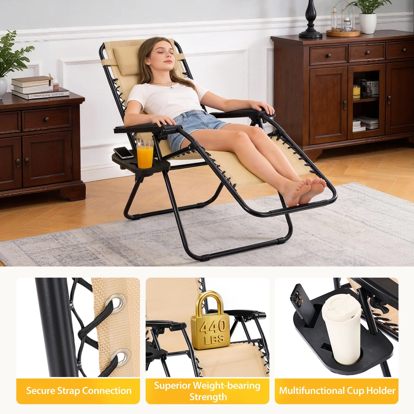 JHK Portable Zero Gravity Recliner Chairs Cup Holder Trays