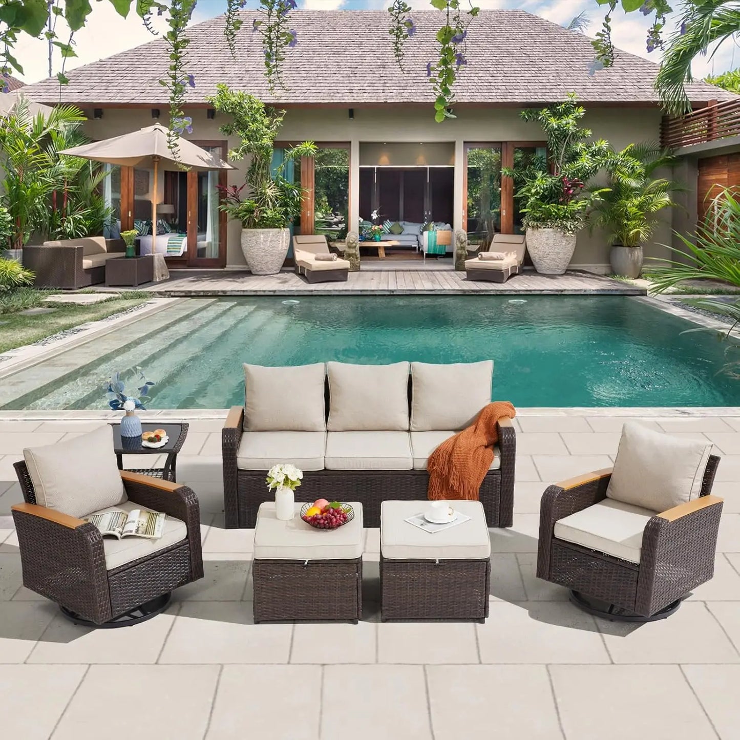 6 Piece PE Rattan Patio Furniture Set Sectional Sofa