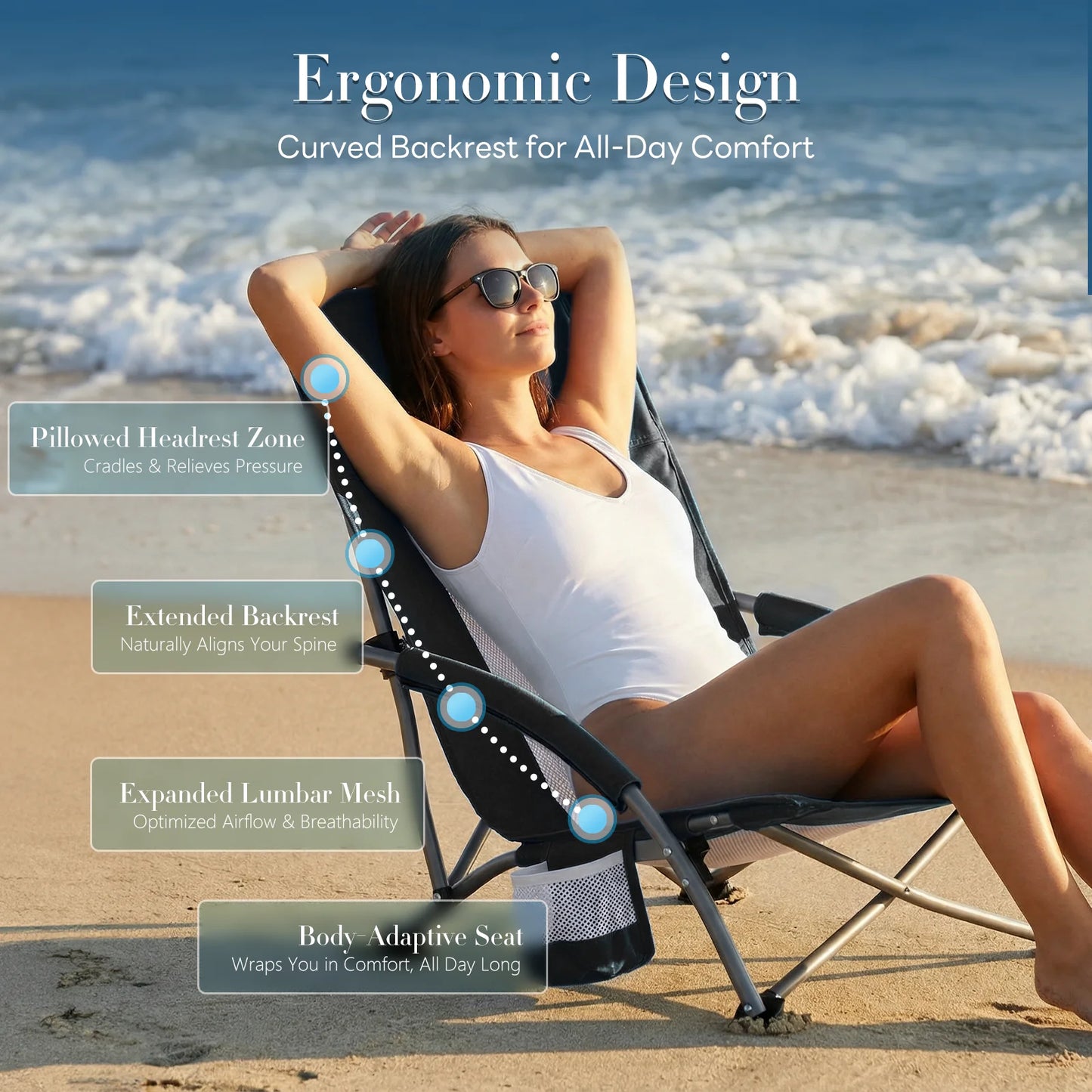 JHK Outdoor Portable Folding Beach Chair With Cup Holder