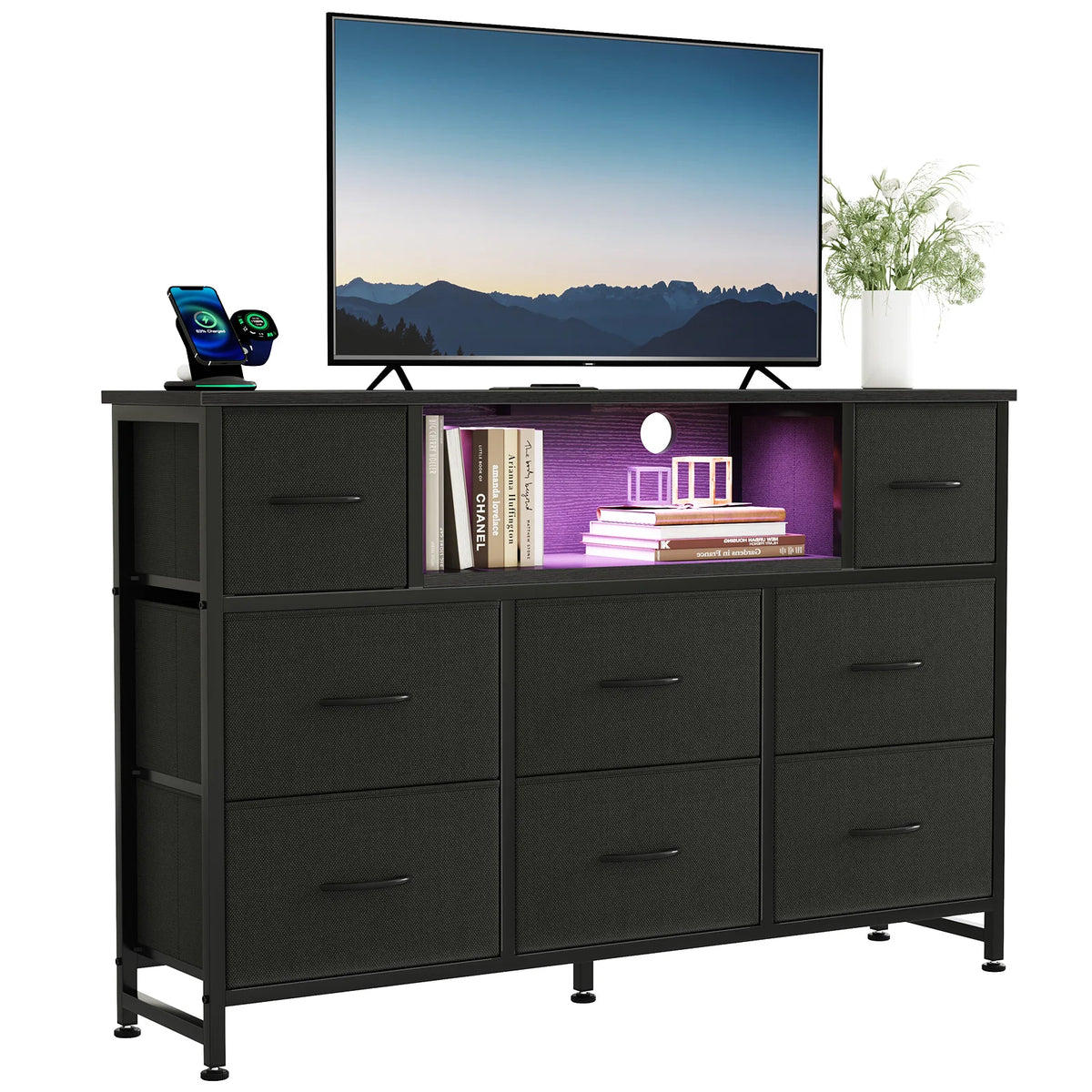 JHK LED TV Stand With Drawers And Charging Station