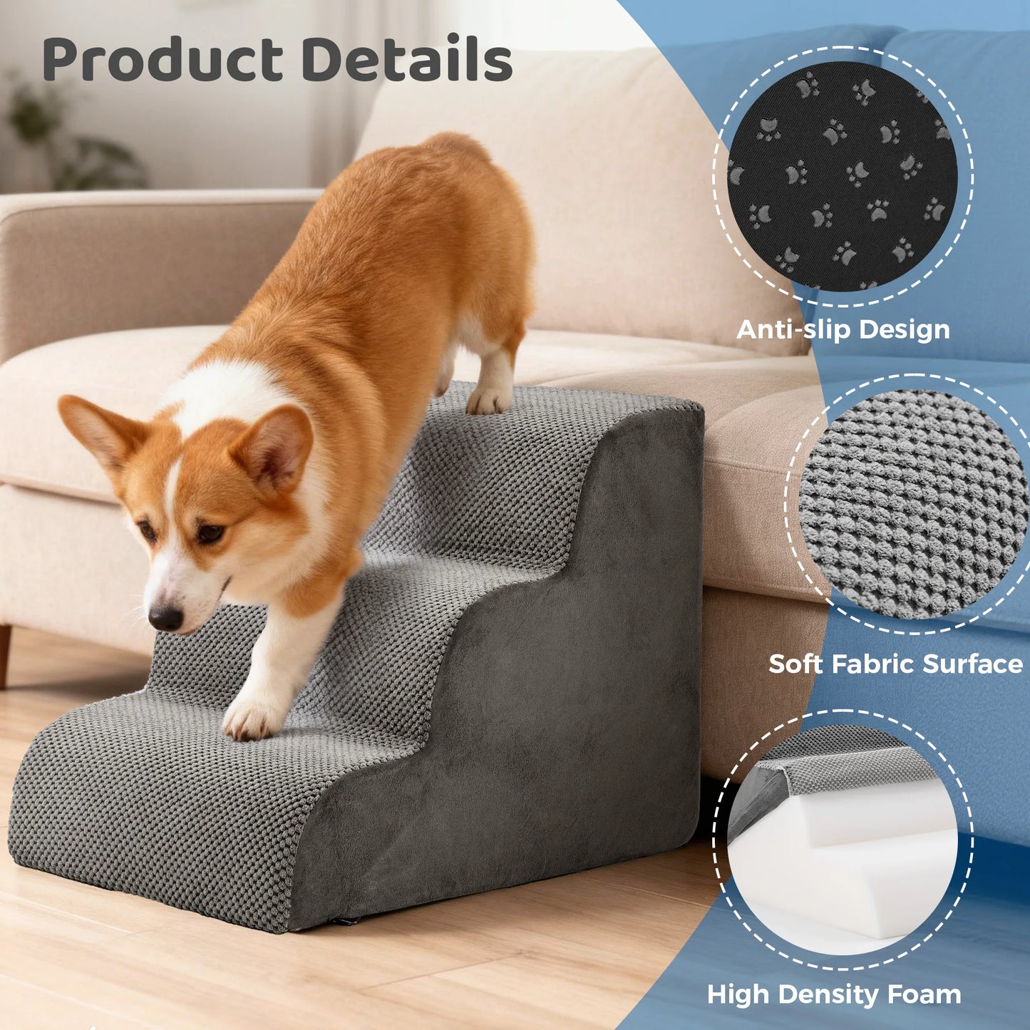 High Density Foam Dog Stairs Ramp Three To Five Steps Curved