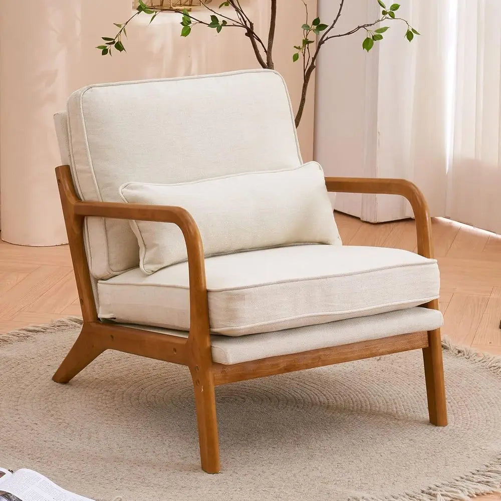 Set Of Two Beige Accent Chairs With Linen Upholstery And Wooden Arms