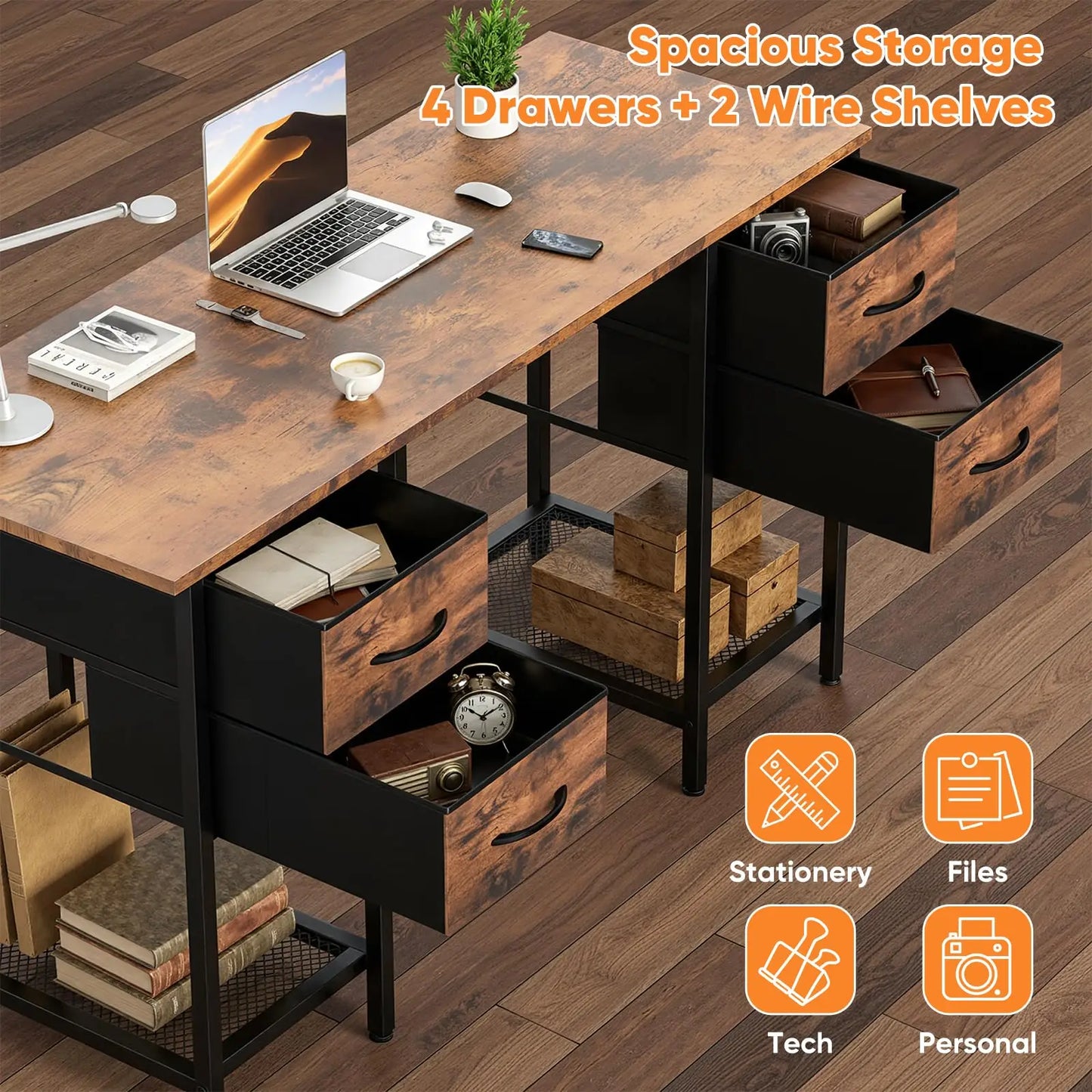 JHK Computer Desk With 4 Drawers And Mesh Shelf