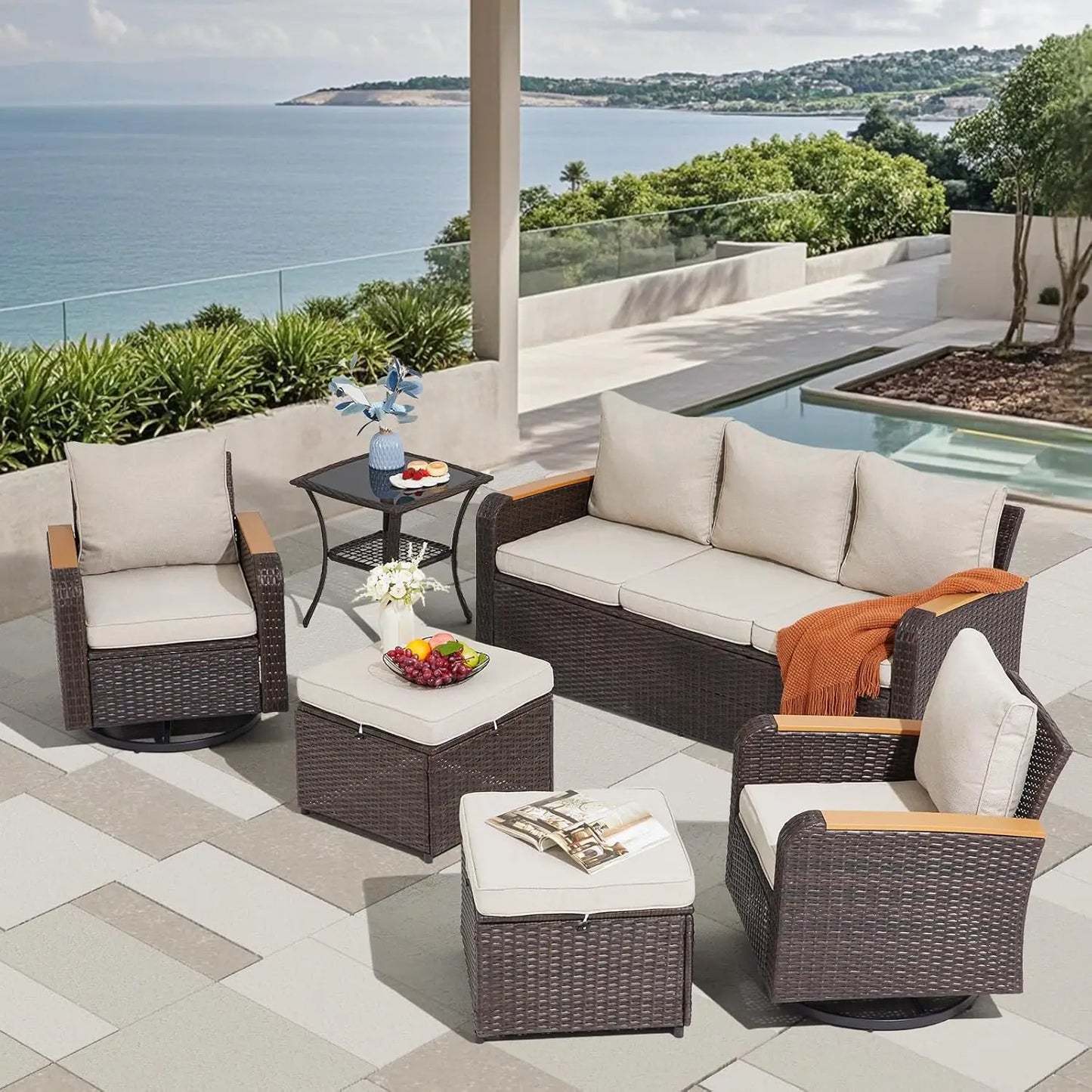 6 Piece PE Rattan Patio Furniture Set Sectional Sofa