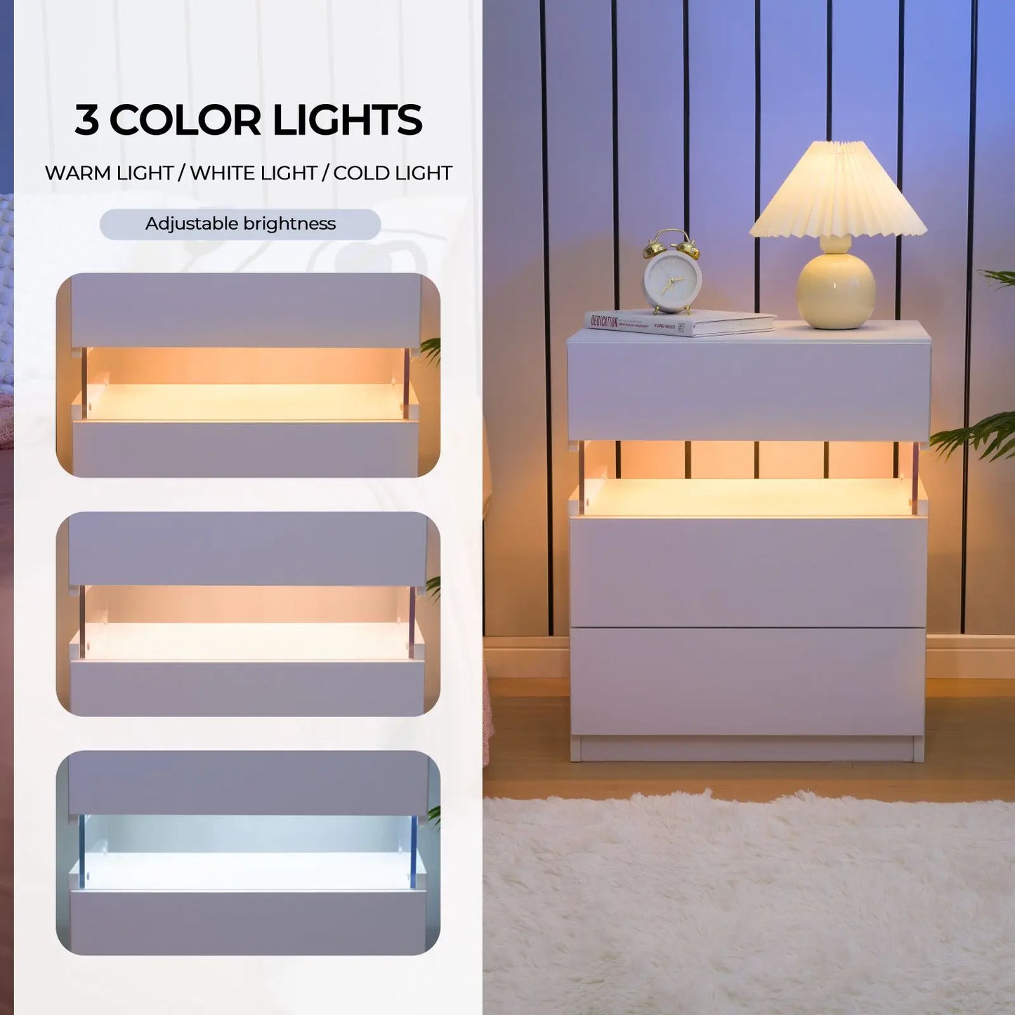 Cubehom Bedside Tables Set With LED Lighting And Drawers
