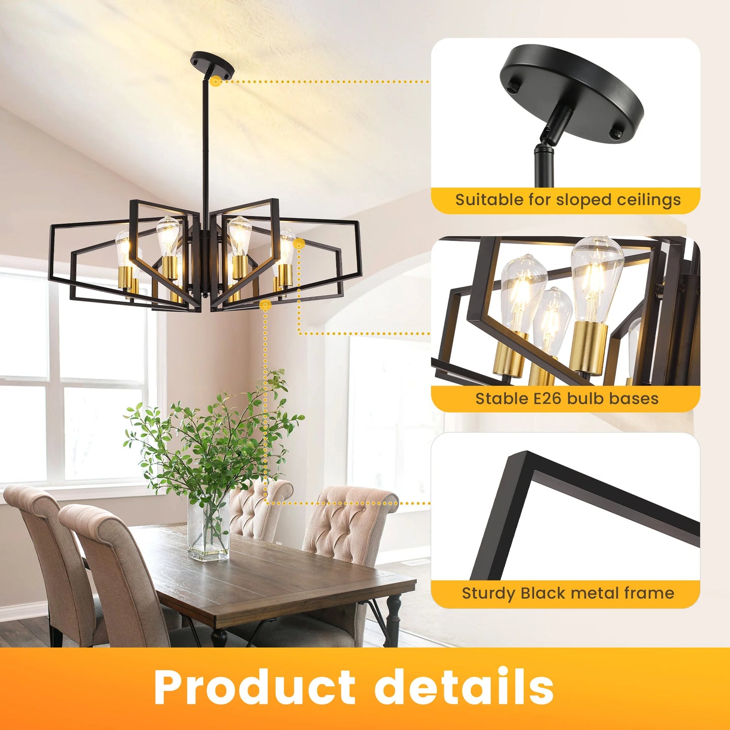 Geometric 8-Light Chandelier With Adjustable Height Pendant