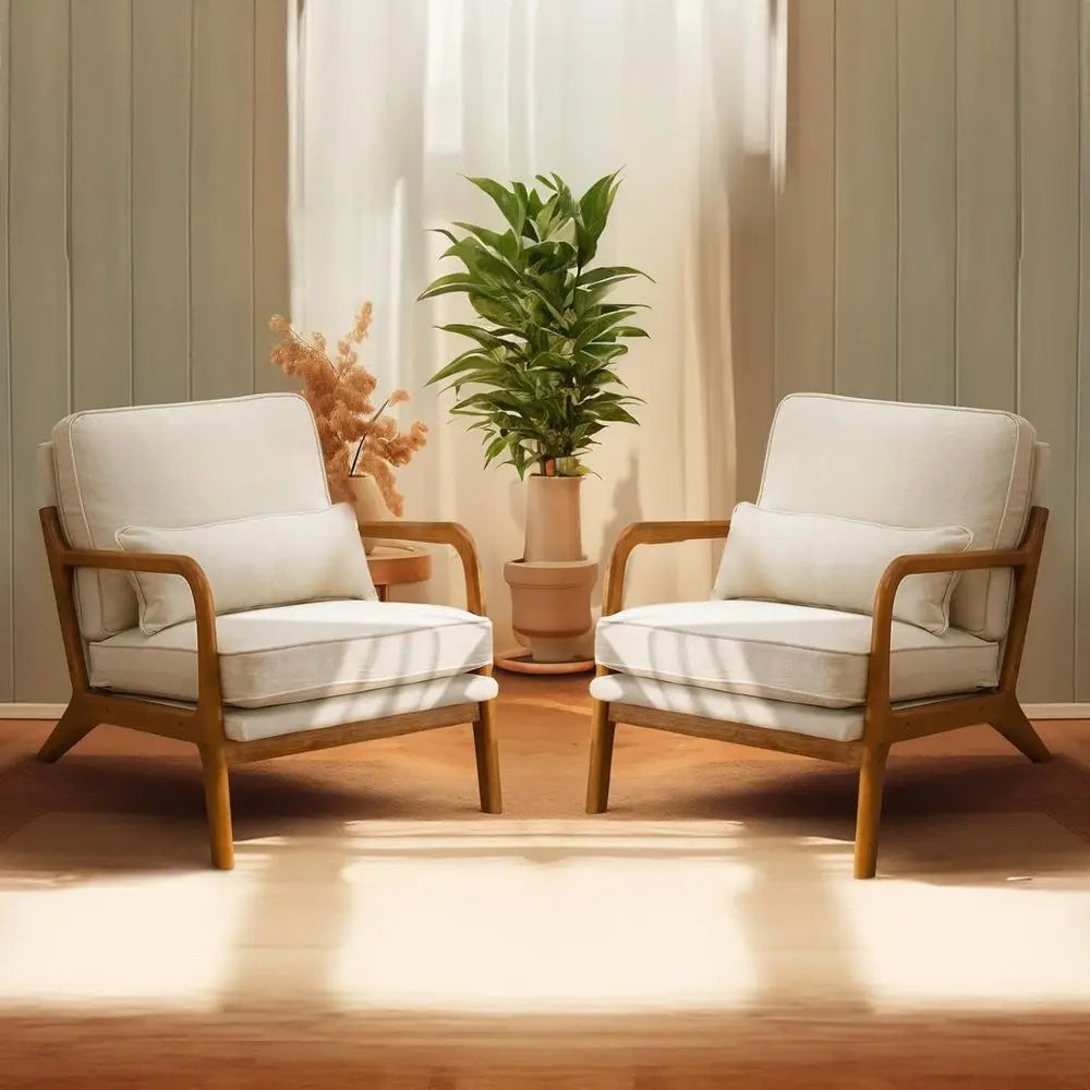 Set Of Two Beige Accent Chairs With Linen Upholstery And Wooden Arms