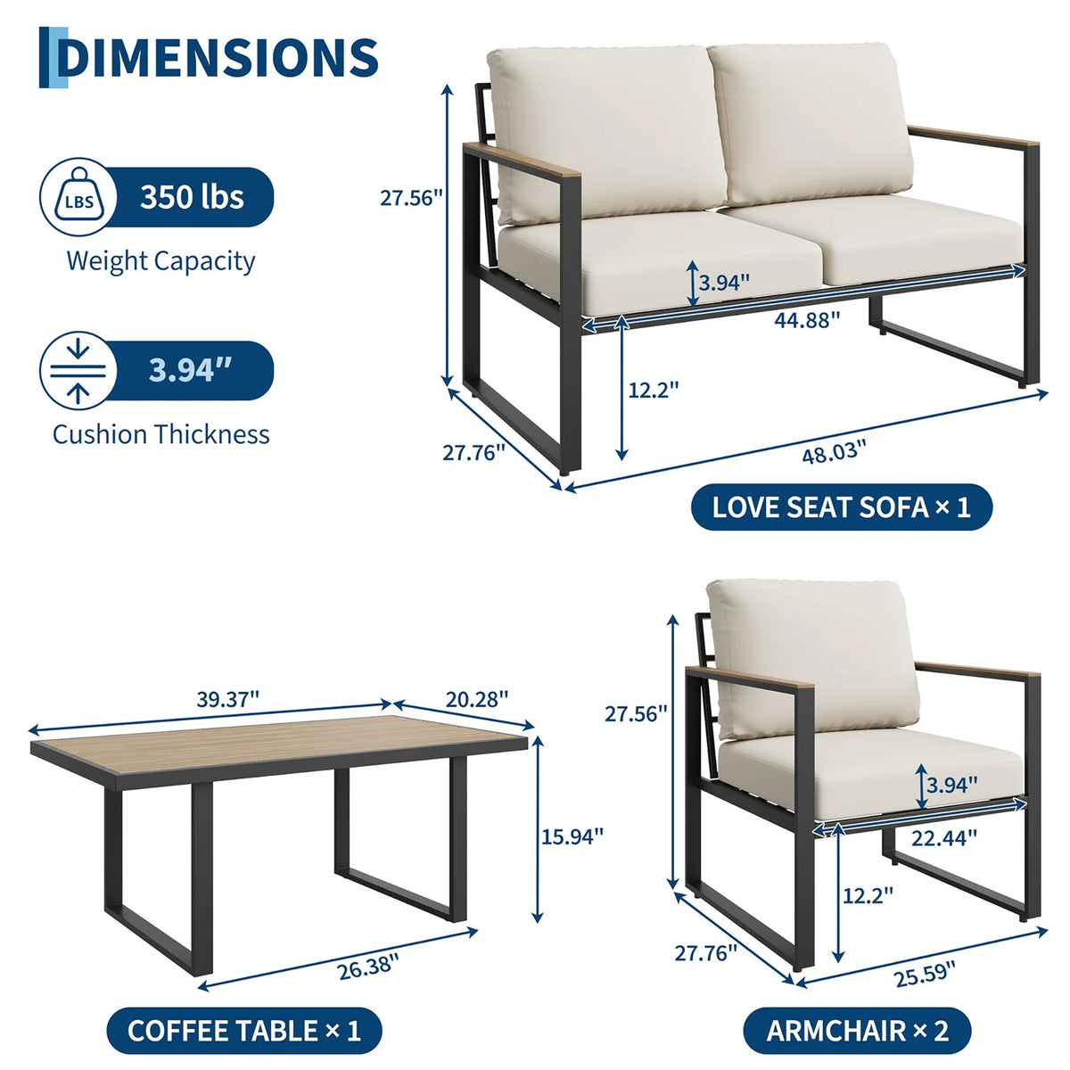 HobbyLane Modern 4-Piece Outdoor Patio Sectional Sofa With Coffee Table