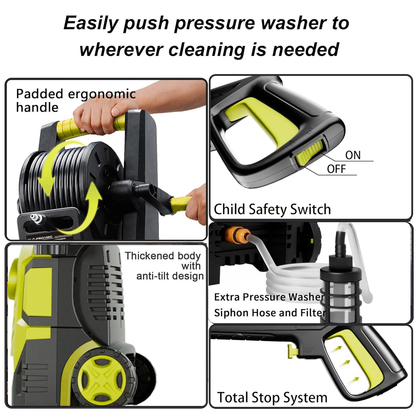 FOTING 5000PSI 2.8-3.6GPM Pressure Washer 8-Level Touch Screen 34" Tall 4 Nozzles 500ml Foam Cannon for Cars Fences Driveways