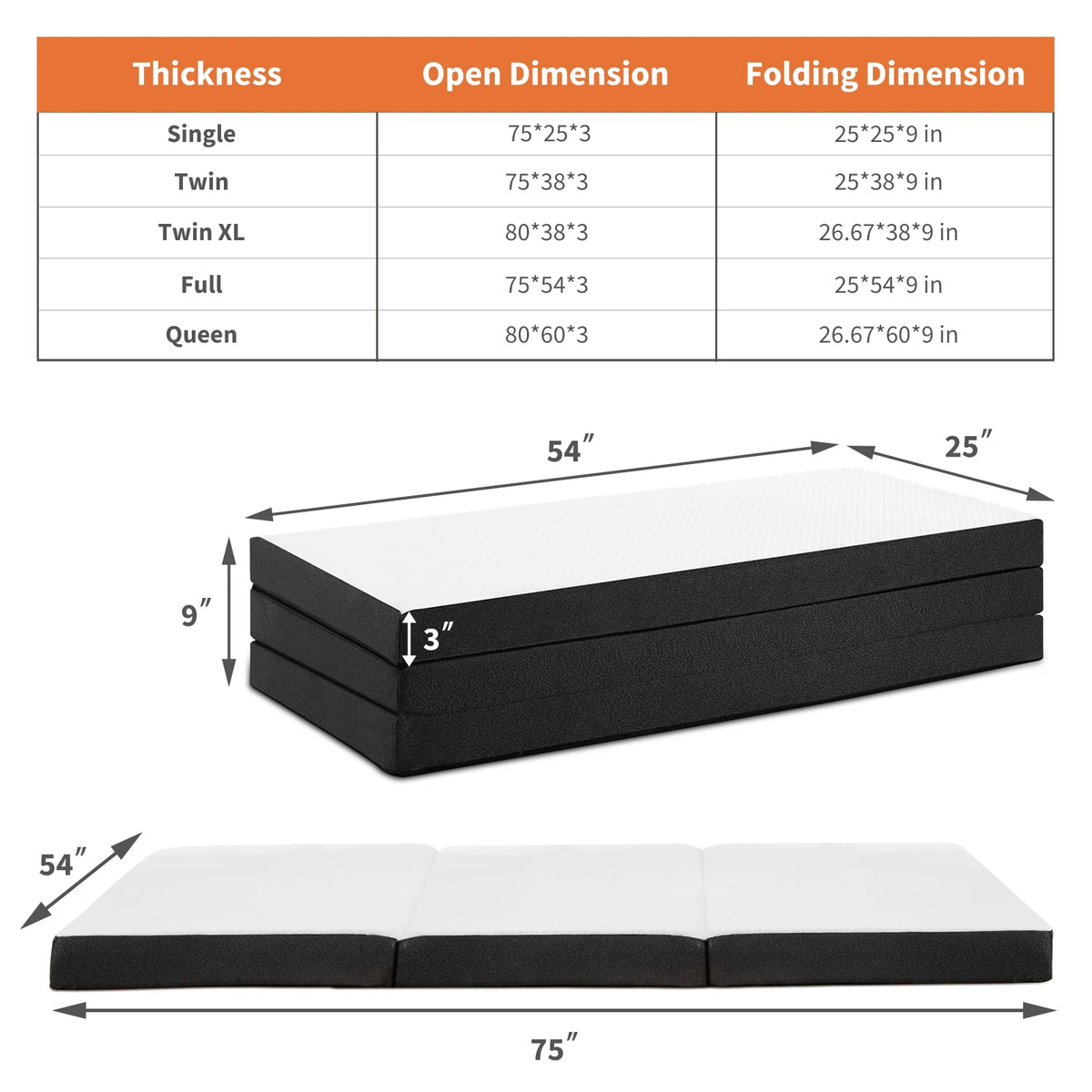 JHK Three Fold Portable Floor Bed With Memory Foam