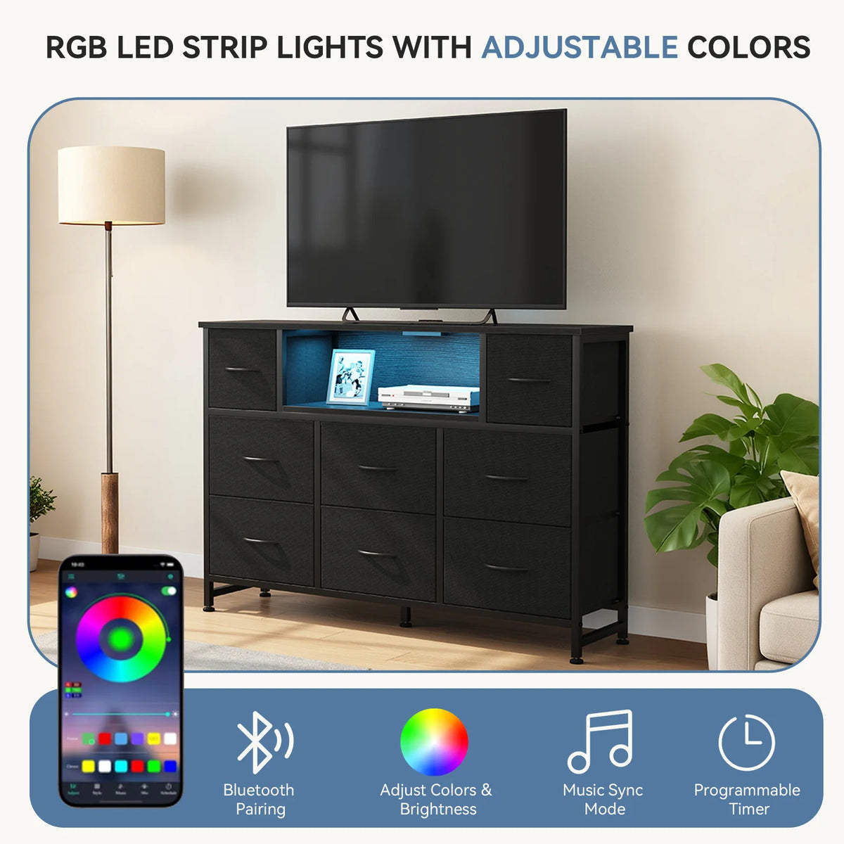 JHK LED TV Stand With Drawers And Charging Station