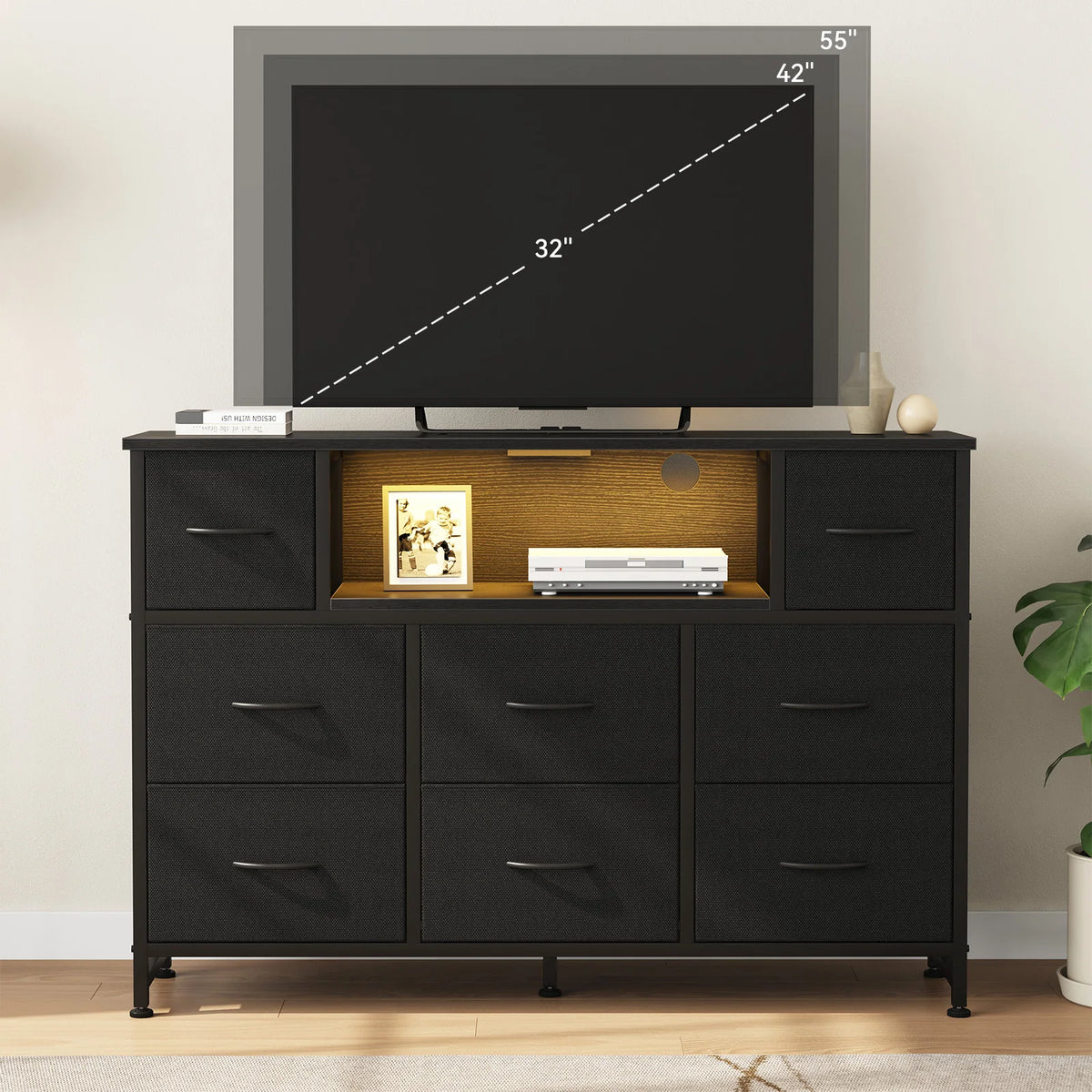 JHK LED TV Stand With Drawers And Charging Station