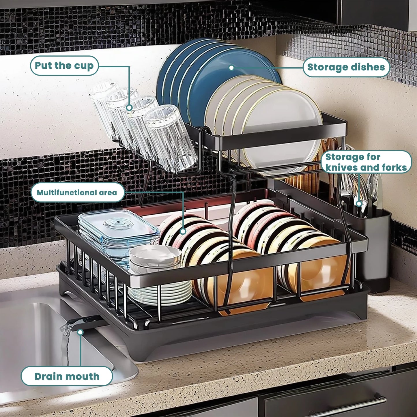 Two Tier Dish Drying Rack For Kitchen Countertop